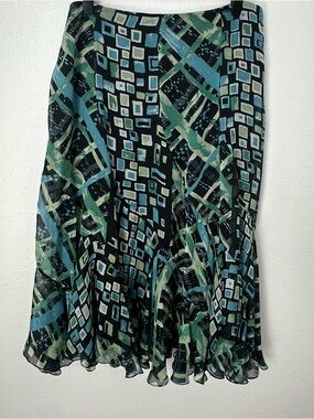 Dana Buchman Geometric Printed A-Line Flounce Silk Skirt